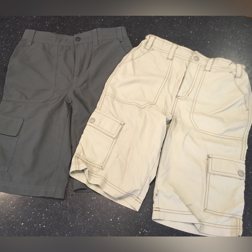 2 prs LL Bean boys or unisex shorts big kid sz 14 khaki & gray adjustable waist